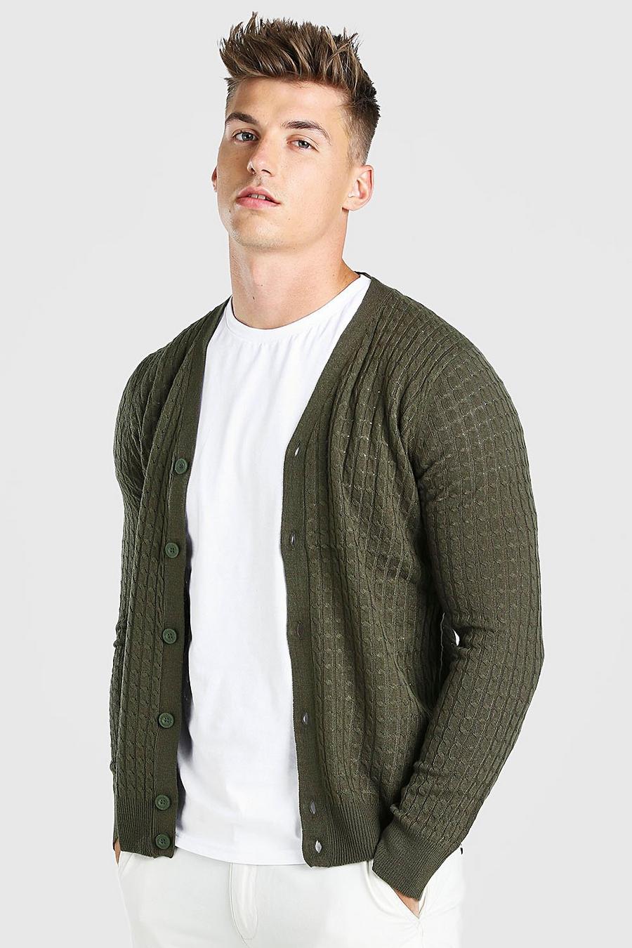 Khaki Cable Knit Button Through Cardigan image number 1