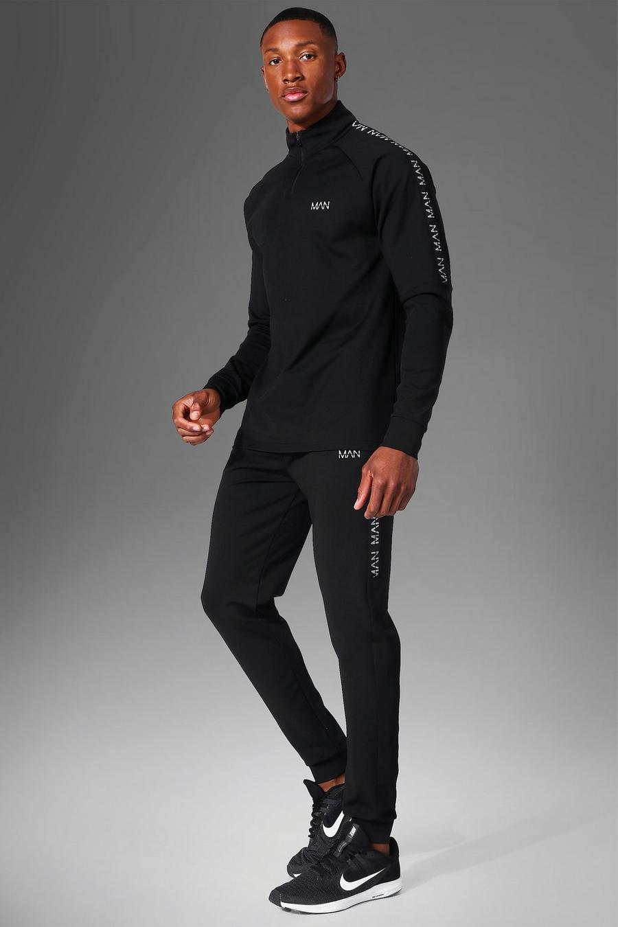 Man Active Skinny Trainingsanzug mit Seitenstreifen, Black image number 1