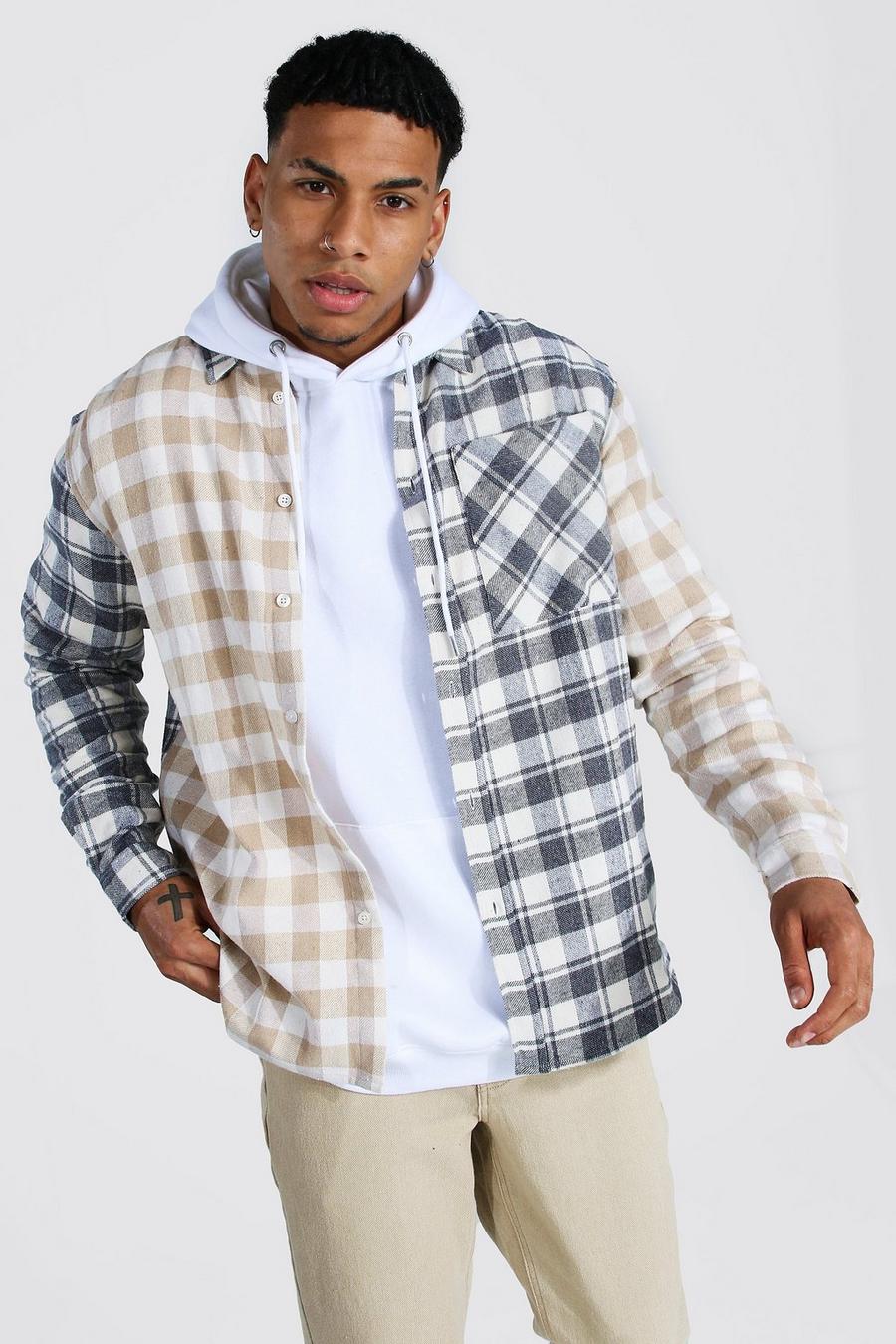 White Oversized Spliced Check Shirt image number 1
