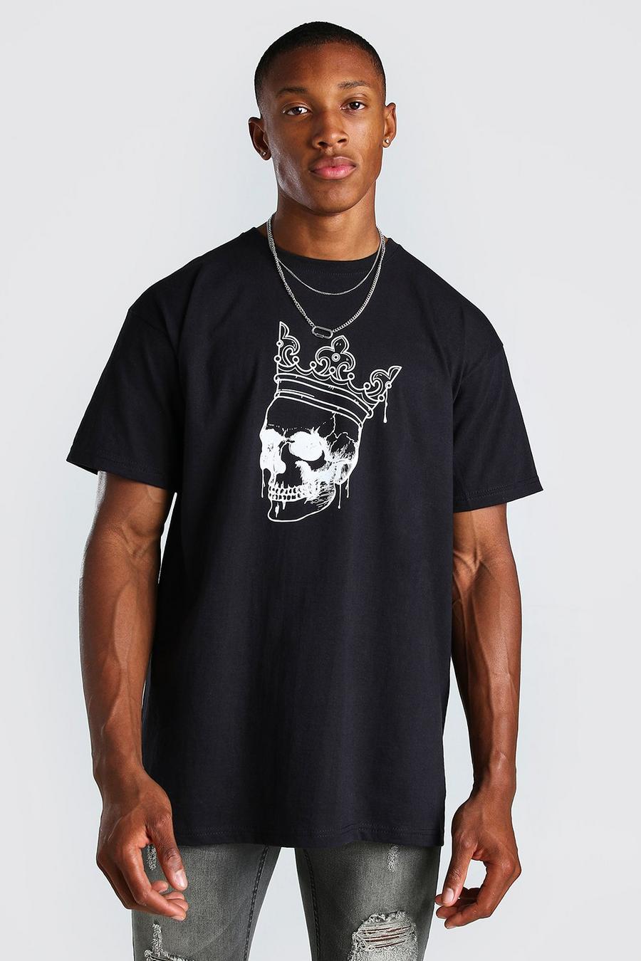 Zwart Oversized T-Shirt Met Schedel En Kroon image number 1