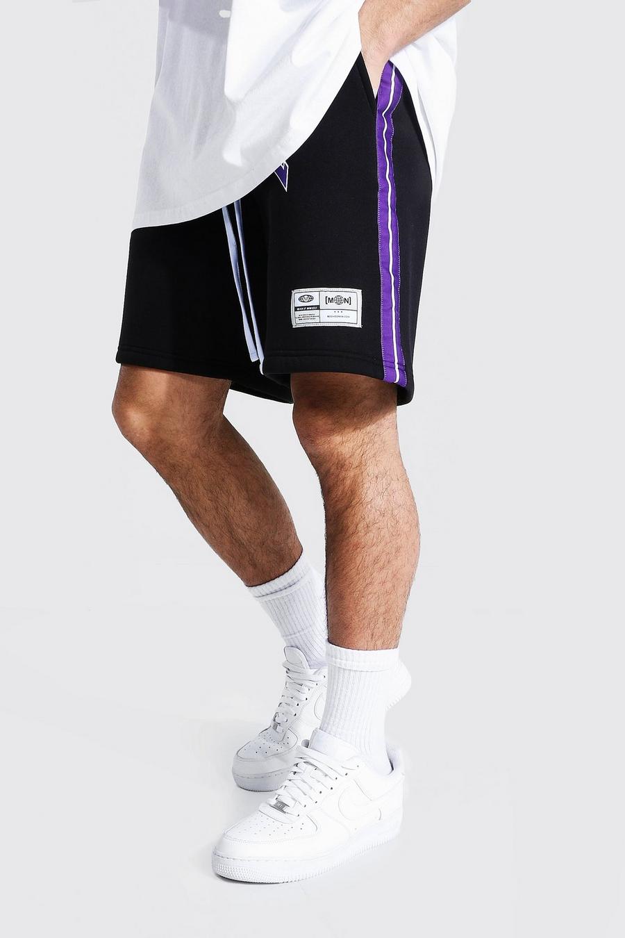 Pantaloncini stile basket in jersey con fascia e scritta Official, Nero image number 1