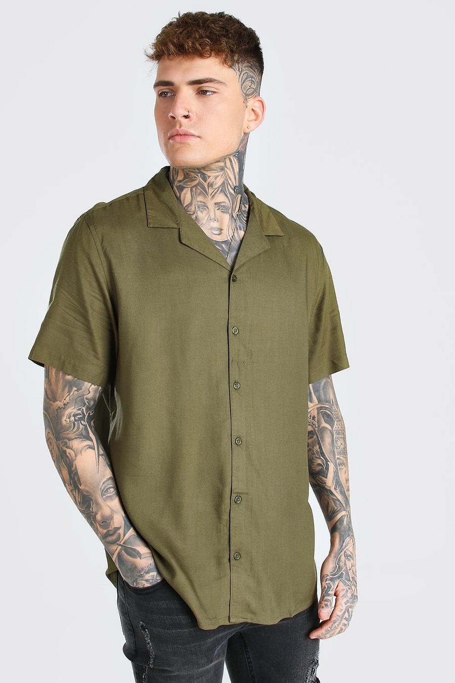 Green grön Short Sleeve Viscose Shirt With Revere Collar image number 1