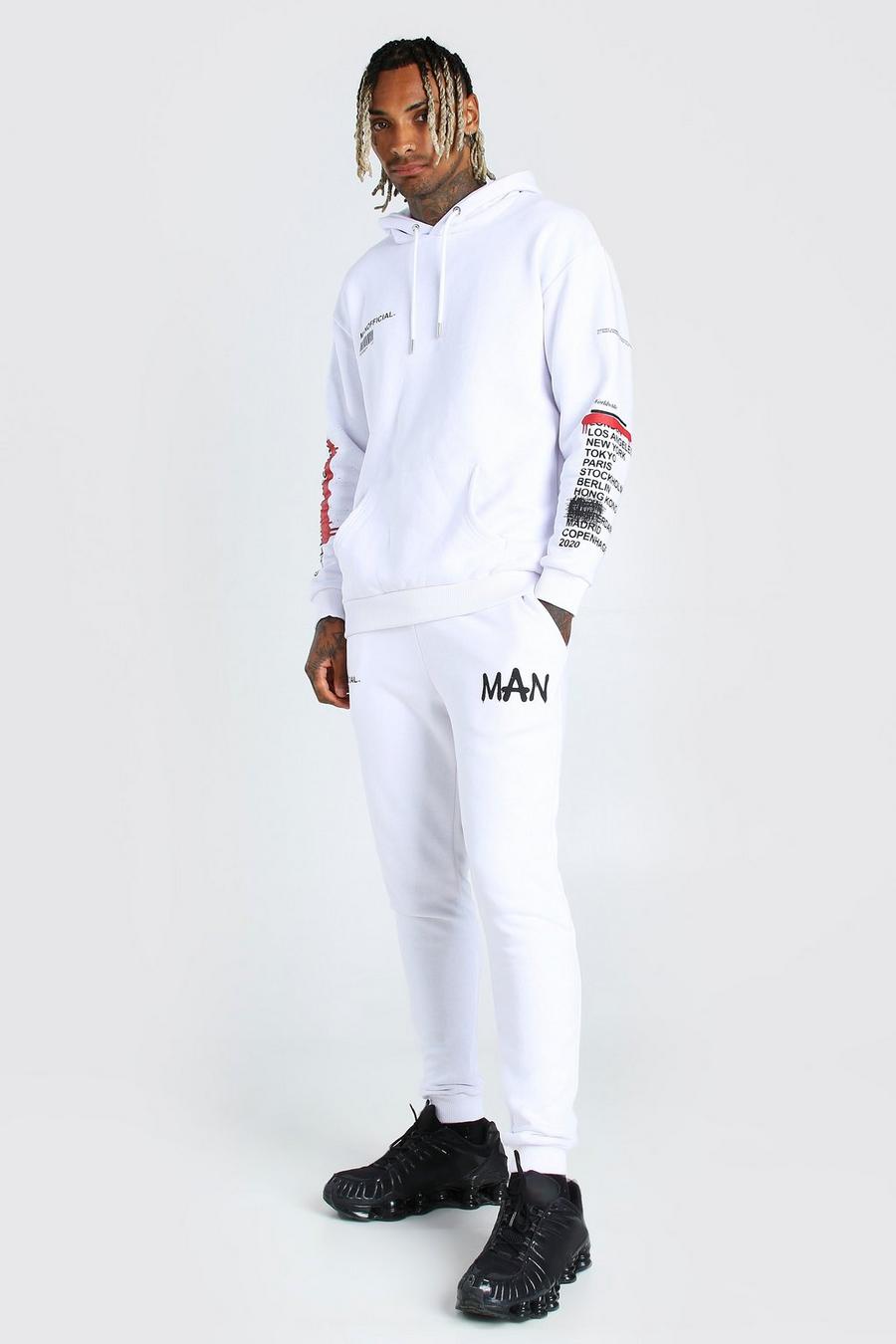 White Graffiti Man Printed Hoodie And Track Pant Set image number 1