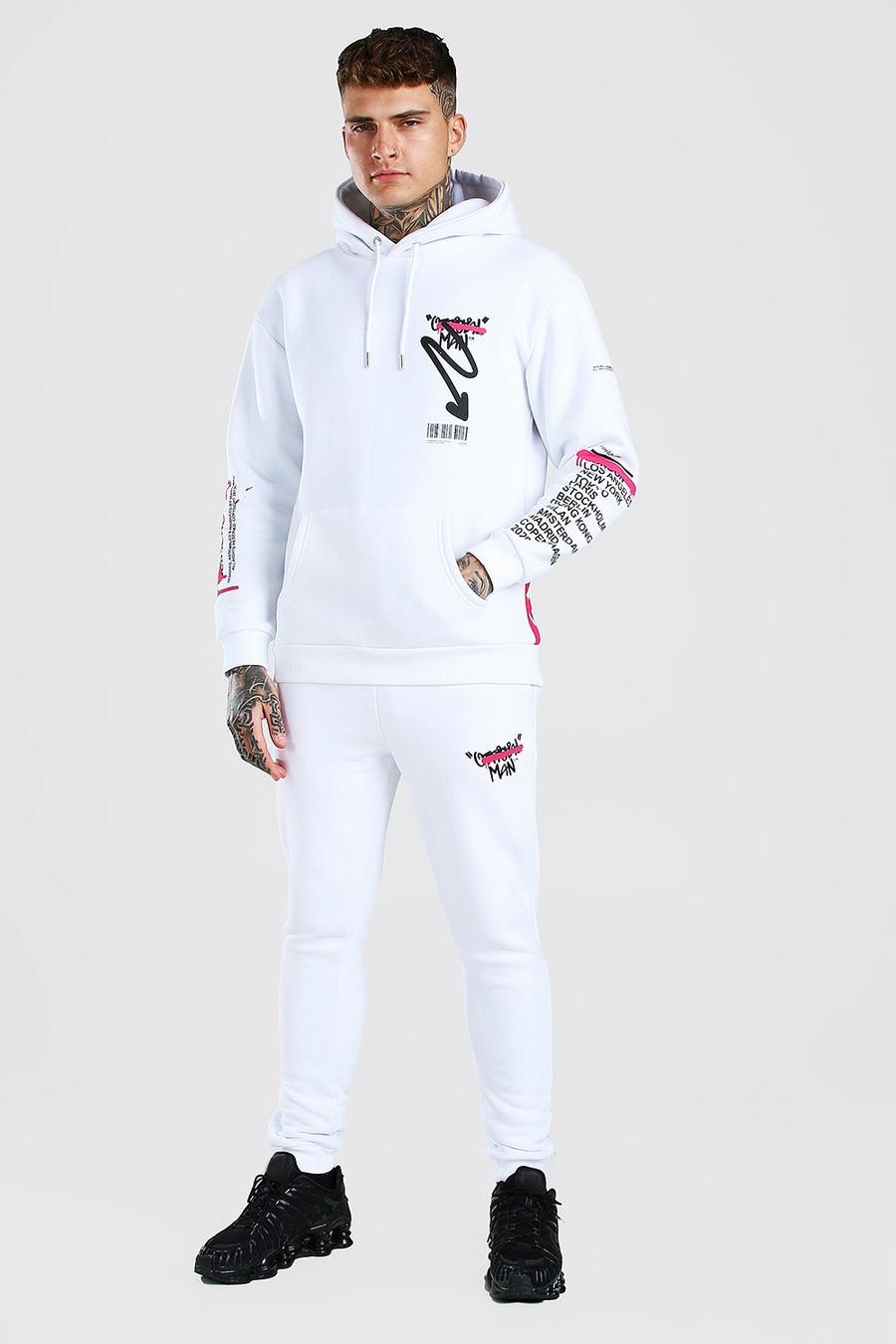 Conjunto de pantalones de deporte y sudadera con capucha estampada con llamas, Blanco image number 1