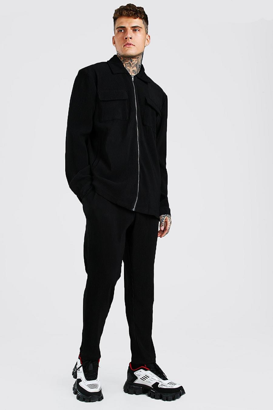 Black MAN Pleated Shirt And Trouser Set image number 1