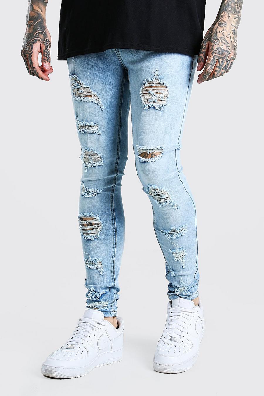 כחול בהיר סופר סקיני ג'ינס עם קרעים מרובים ובמראה מולבן image number 1
