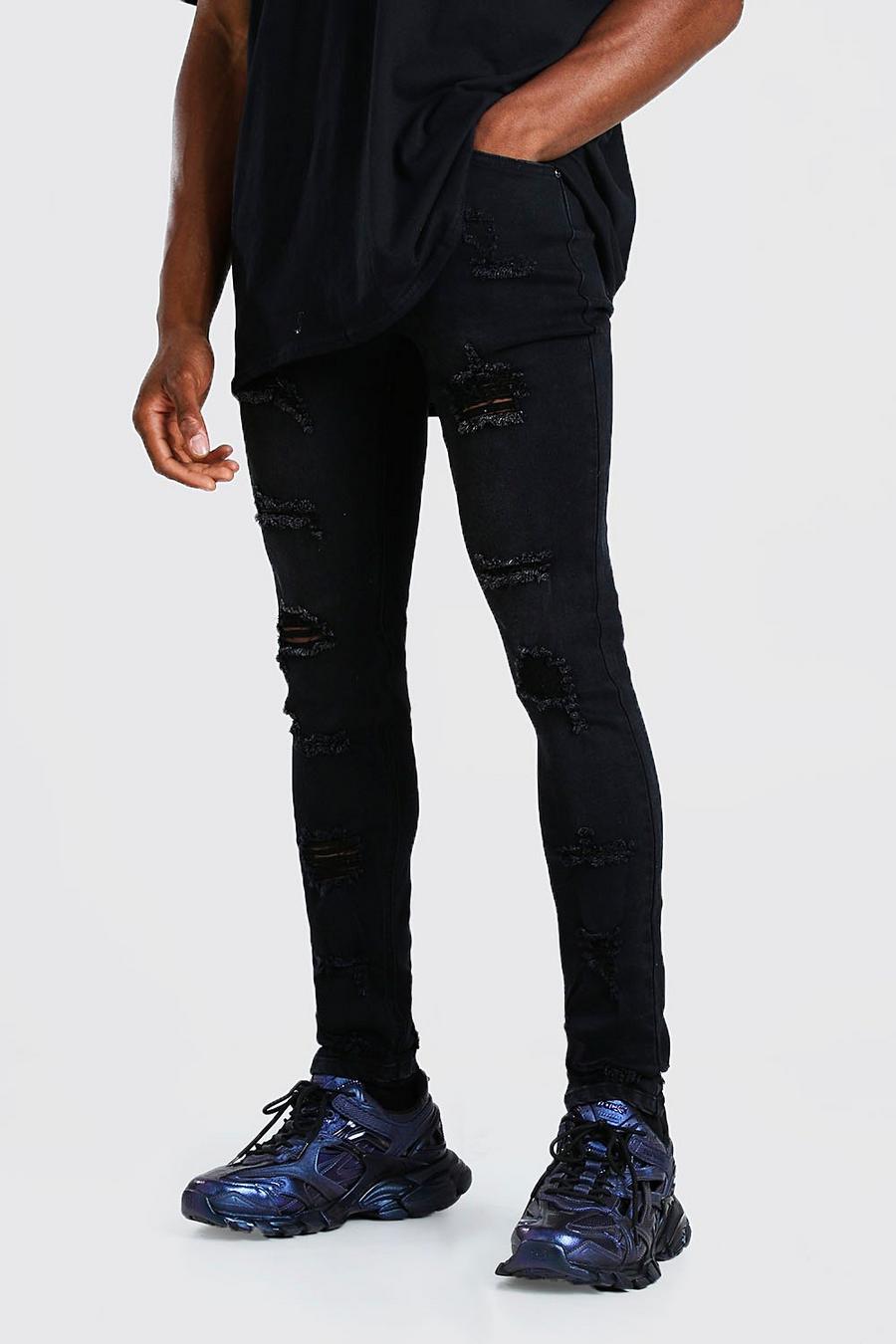 שחור סופר סקיני ג'ינס עם קרעים מרובים ובמראה מולבן image number 1