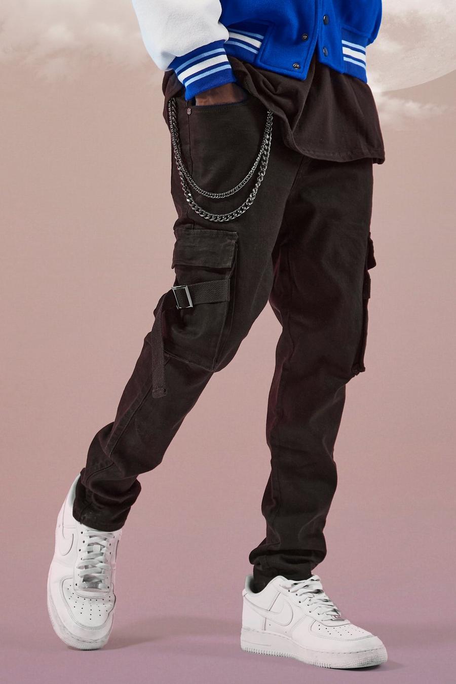 שחור אמיתי סקיני ג'ינס עם שרשרת מבד סטרץ' בסגנון דגמ"ח image number 1