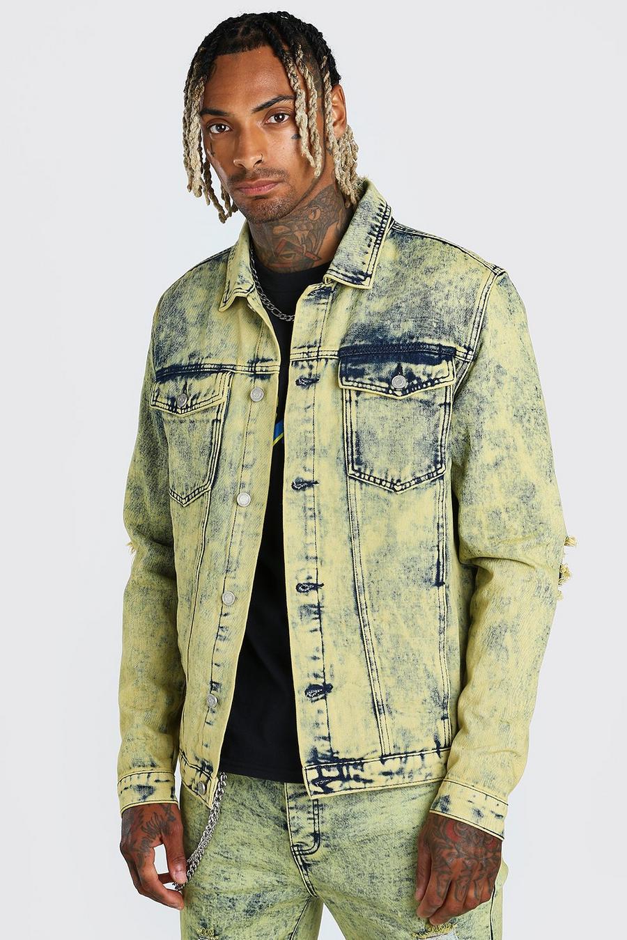 Yellow Overdyed Denim Jacket With Rips And Zip Cuffs image number 1