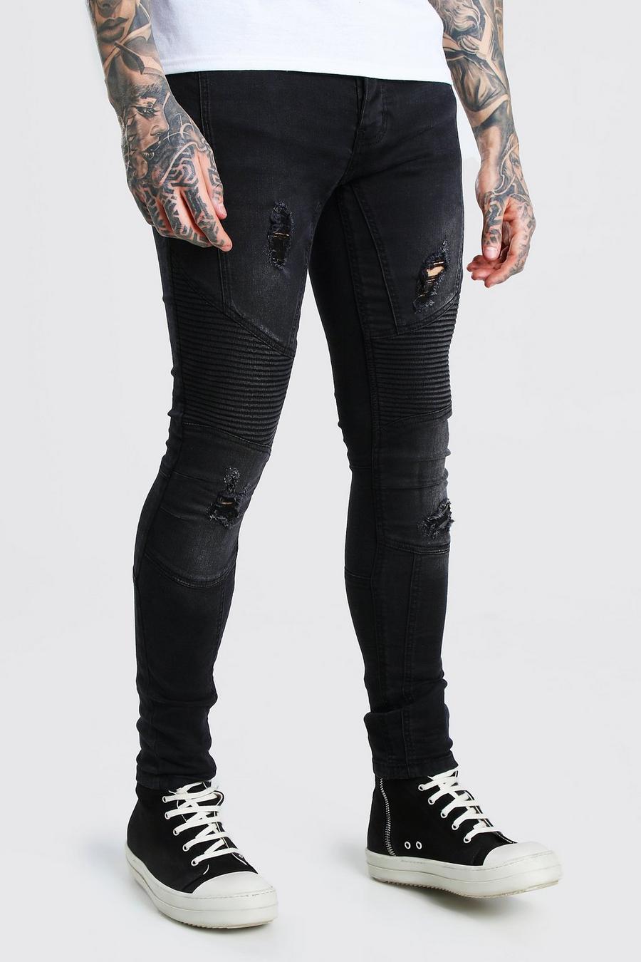 שחור דהוי סופר סקיני ג'ינס עם פאנלים בסגנון אופנוענים image number 1