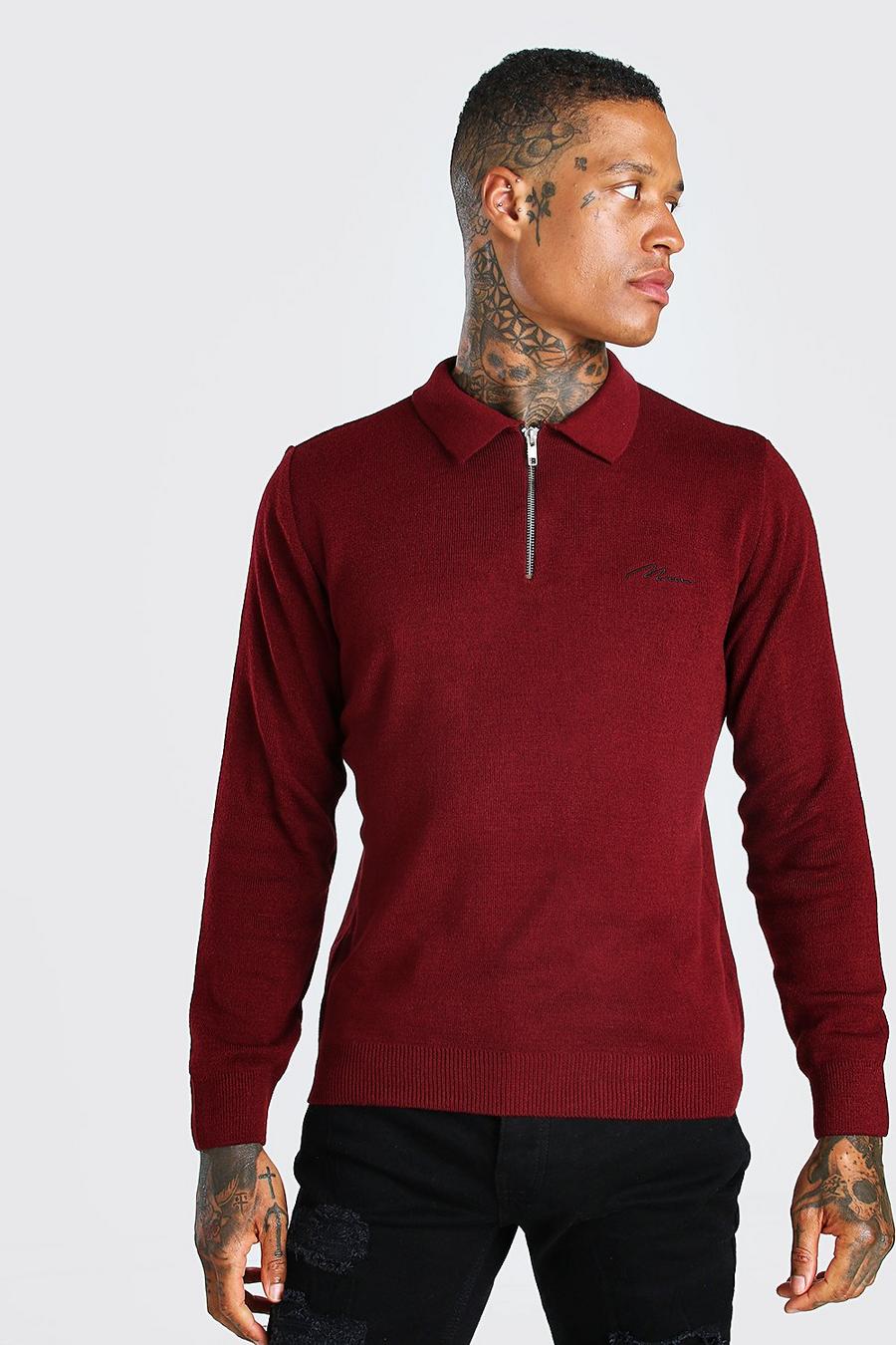 Burgundy MAN Muscle Fit Half Zip Knitted Long Sleeve Polo image number 1