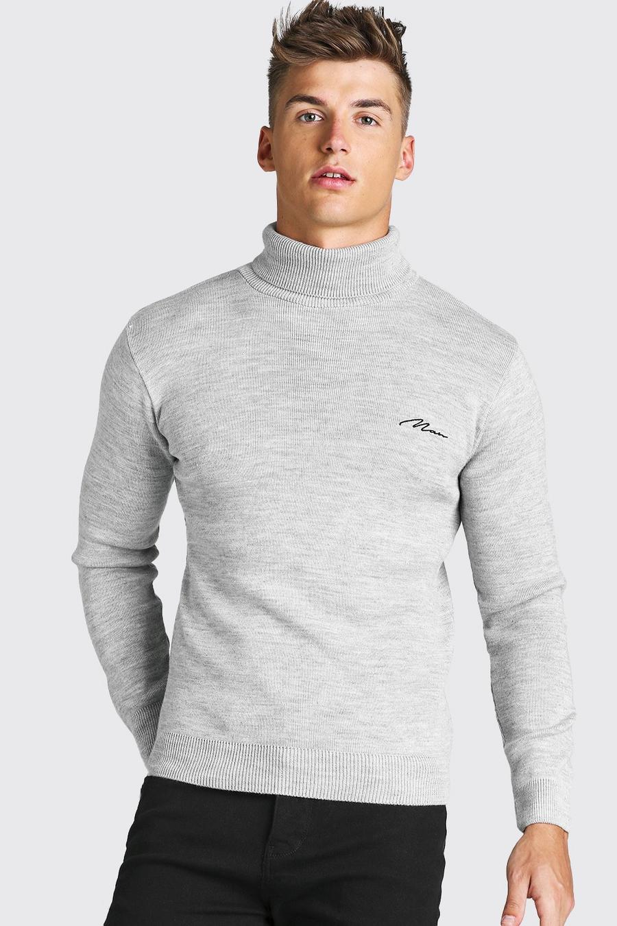 Grey MAN Muscle Fit Roll Neck Knitted Jumper image number 1