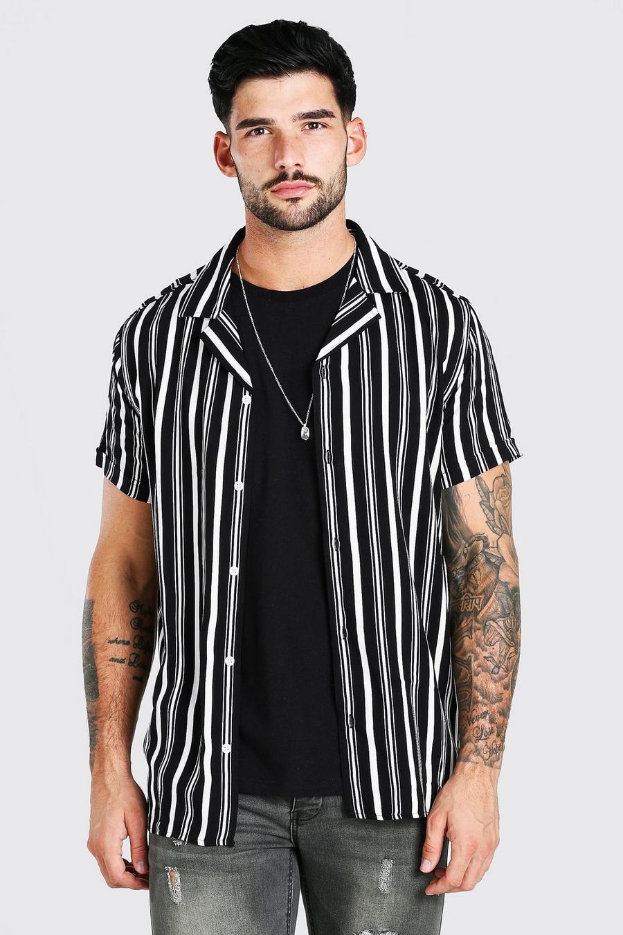 Black Short Sleeve Revere Collar Viscose Stripe Shirt image number 1
