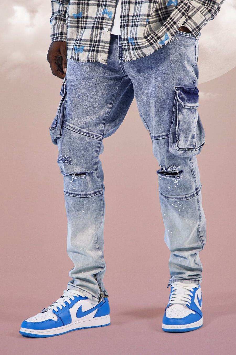 כחול קרח סקיני ג'ינס נמתח בגווני אומברה עם כתמי צבע בסגנון דגמ"ח image number 1