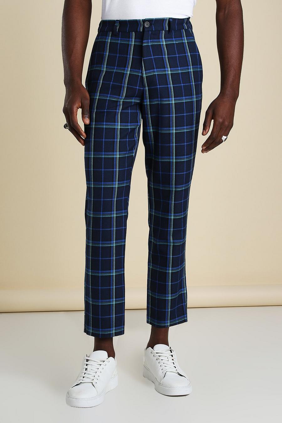 Blue Skinny Tartan Cropped Smart Trousers image number 1