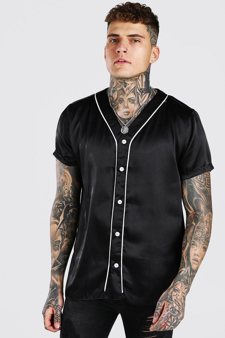 Camisa de satén de manga corta con cuello de béisbol, Negro image number 1