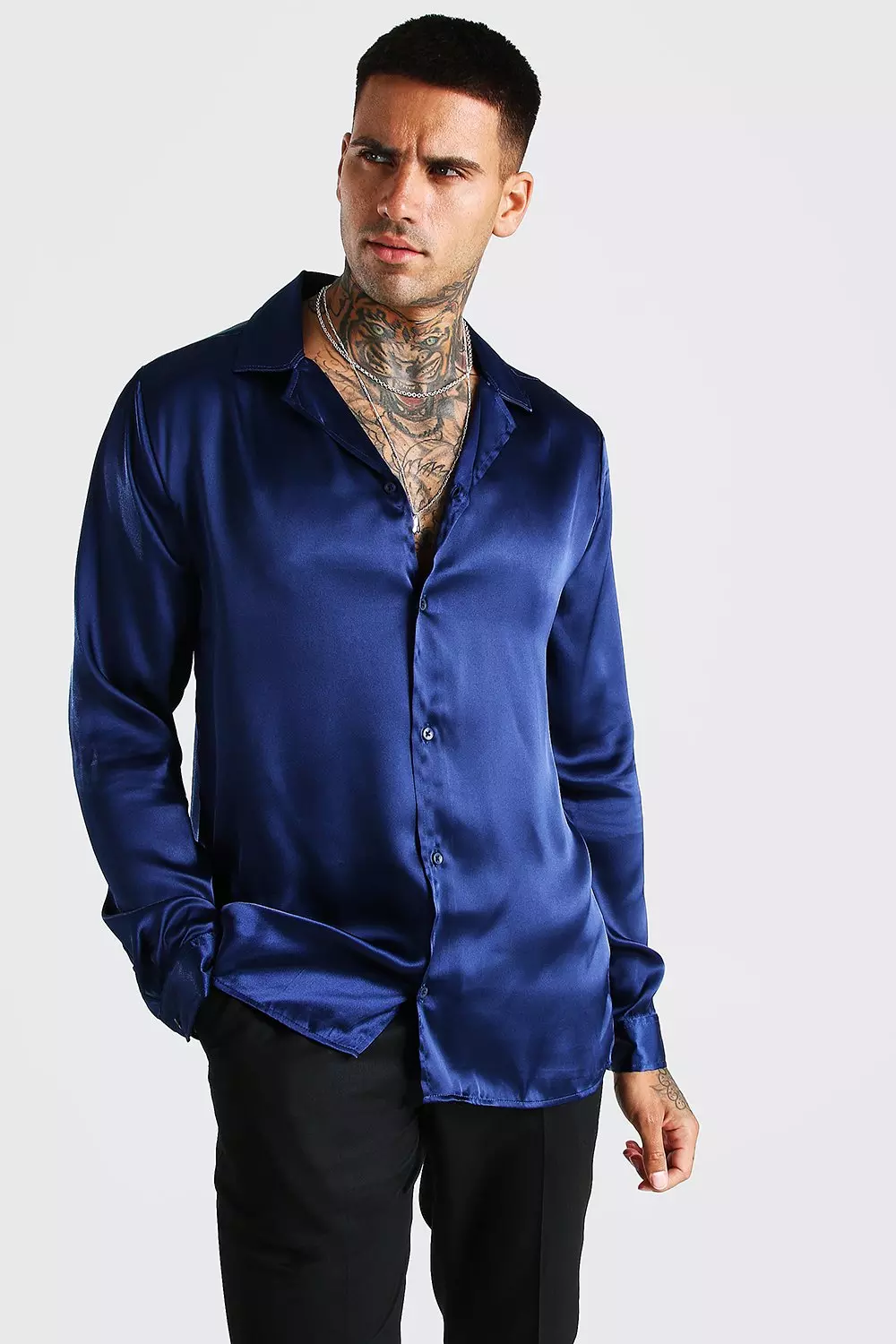 Blue satin 2025 shirt mens