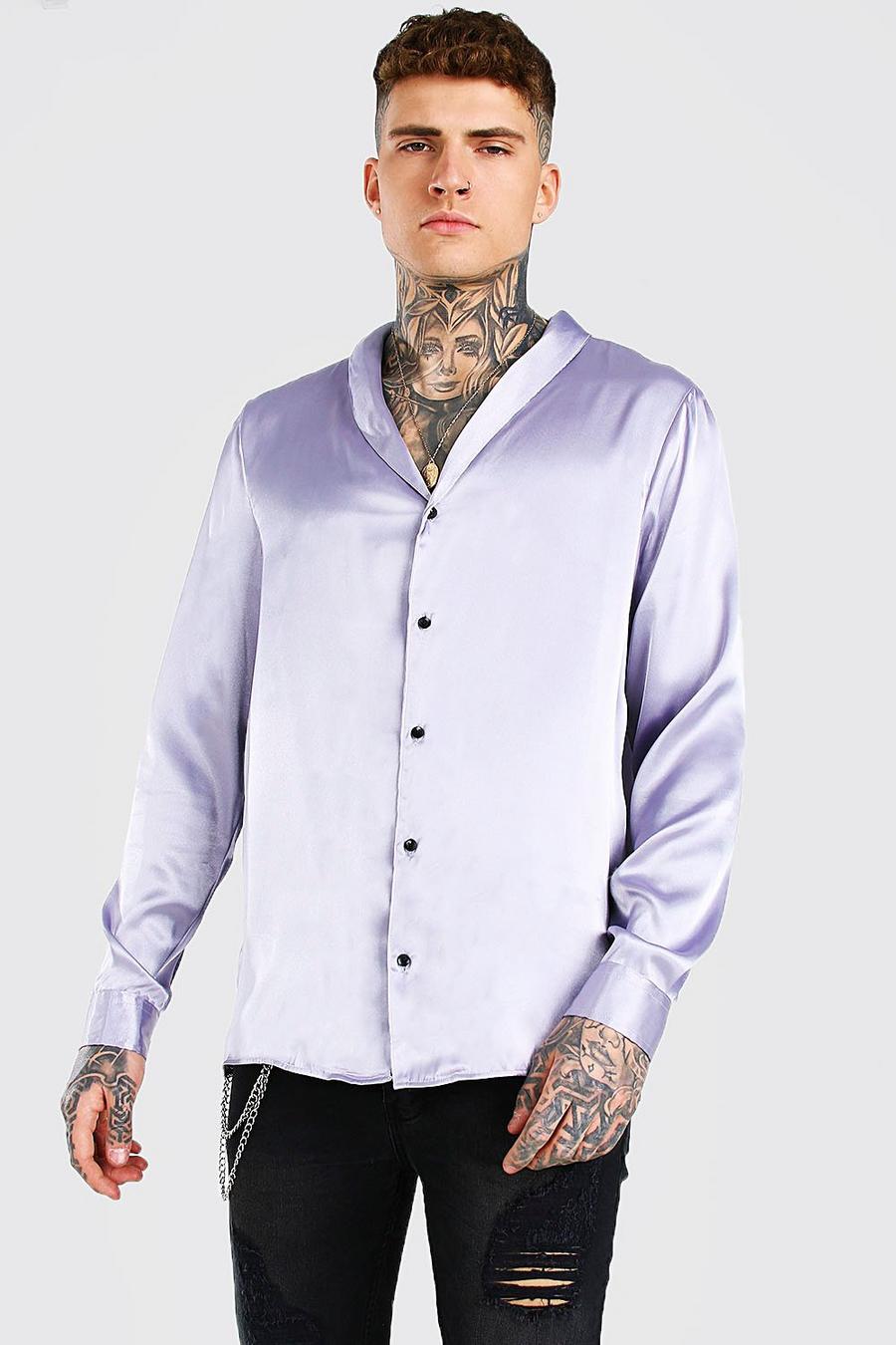 Langärmeliges Satin-Shirt mit Schalkragen, Grau image number 1