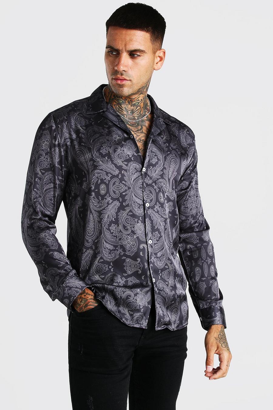 Black Långärmad satinskjorta med paisleymönster image number 1