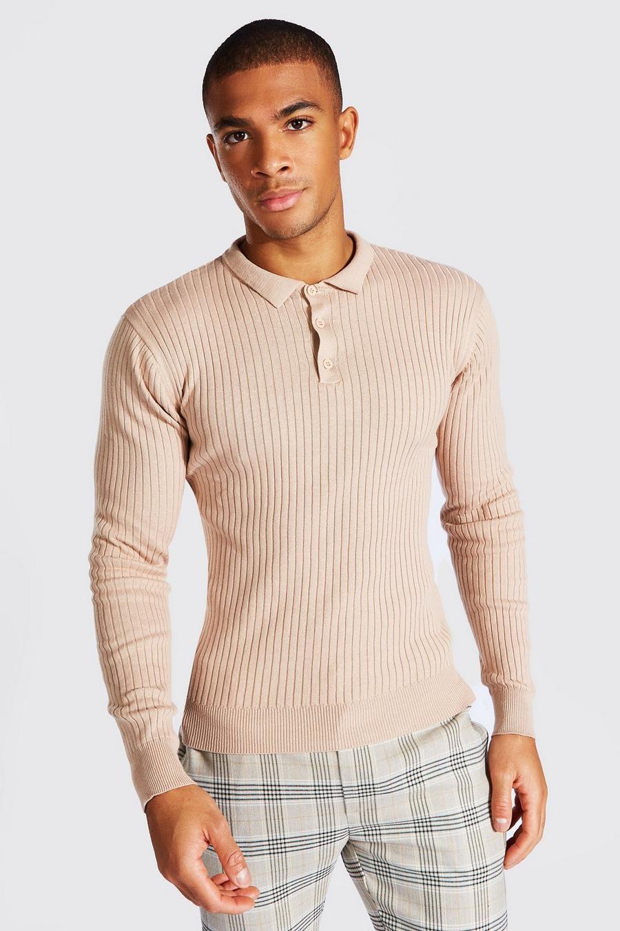 Taupe Long Sleeve Ribbed Knitted Polo image number 1