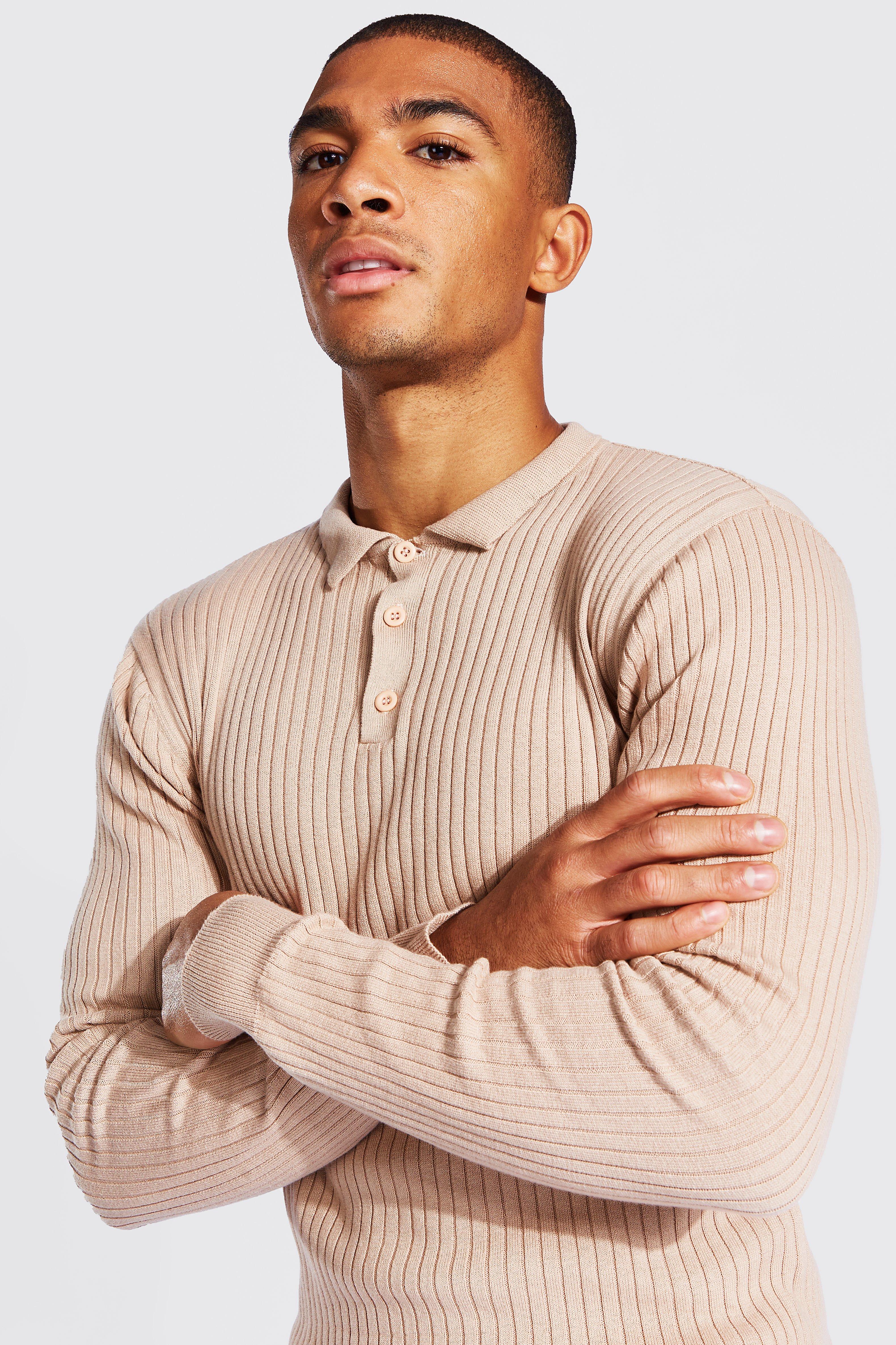 Long Sleeve Ribbed Knitted Polo | boohoo