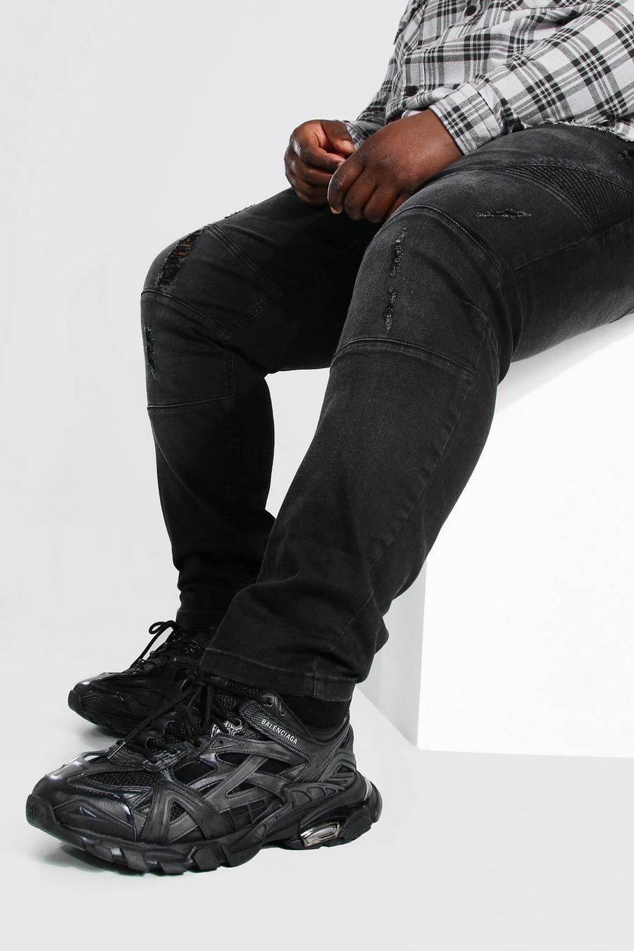 שחור סקיני ג'ינס עם פאנל בסגנון אופנוענים לגברים גדולים וגבוהים image number 1