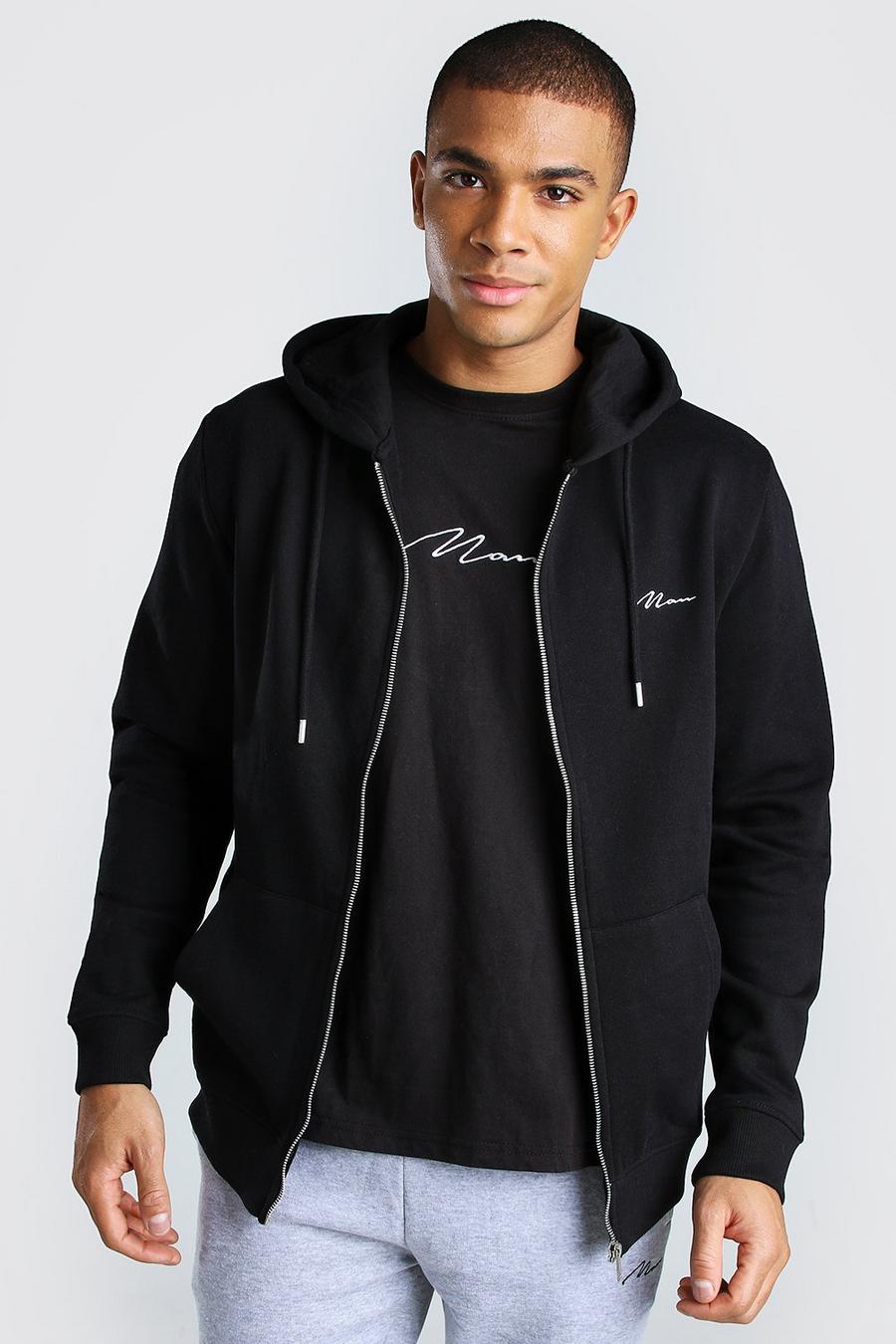 Black MAN Signature Zip Through Fleece Hoodie image number 1