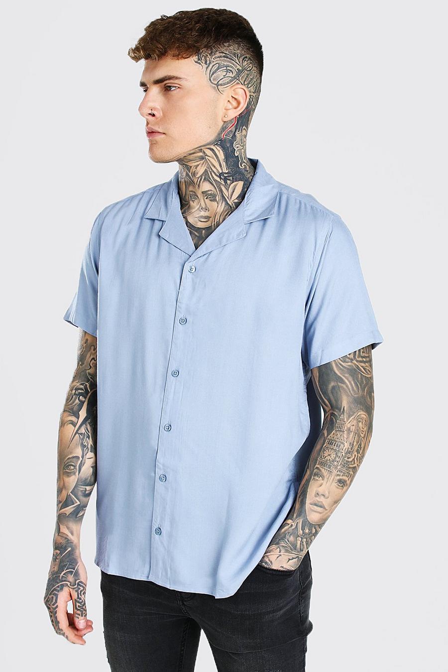 Blue Short Sleeve Viscose Shirt With Revere Collar image number 1