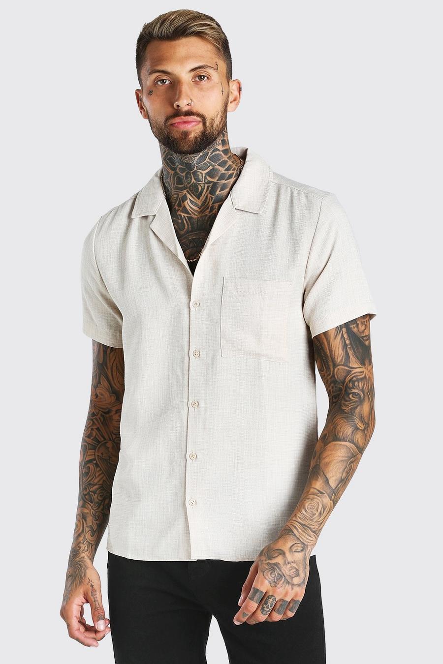 Camisa de efecto lino con manga corta y cuello reversible, Gris piedra image number 1