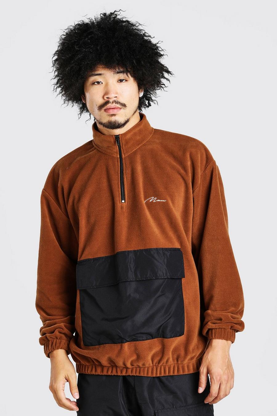 Brown Man Signature Oversize hoodie i polarfleece med kort dragkedja image number 1