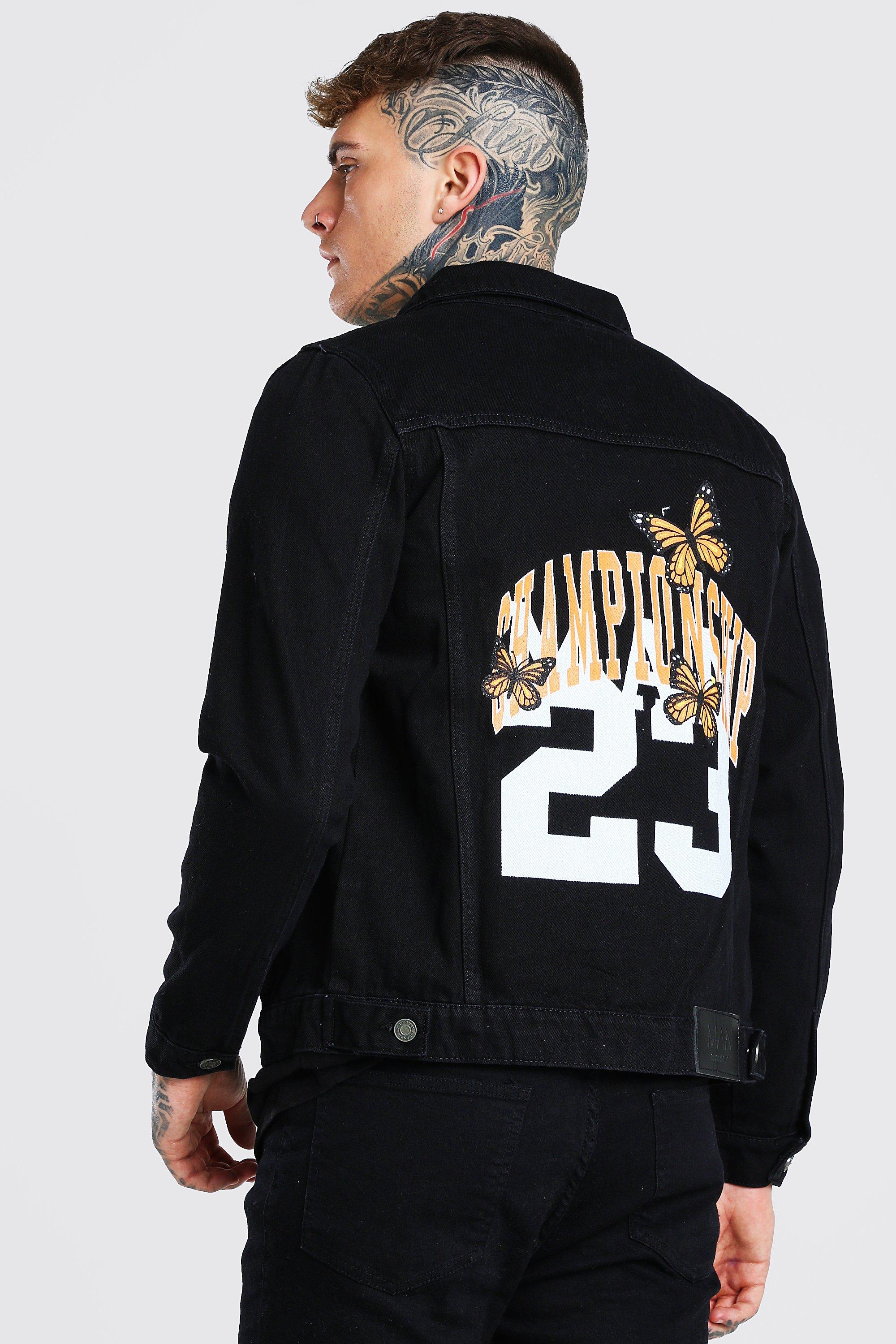 Black denim jacket on sale with back print