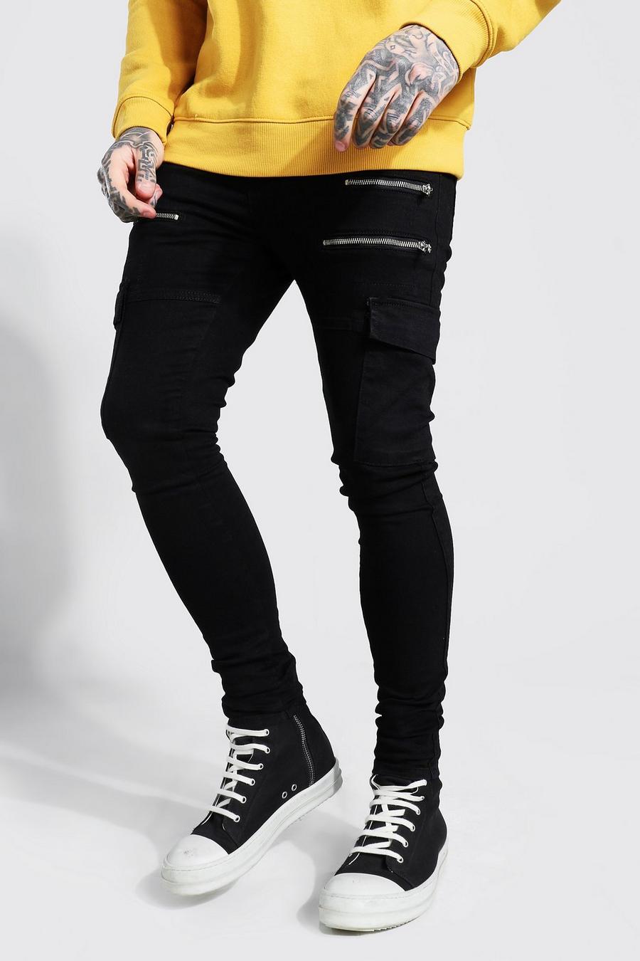 Super skinny jeans i cargostil med stretch och dragkedjor image number 1