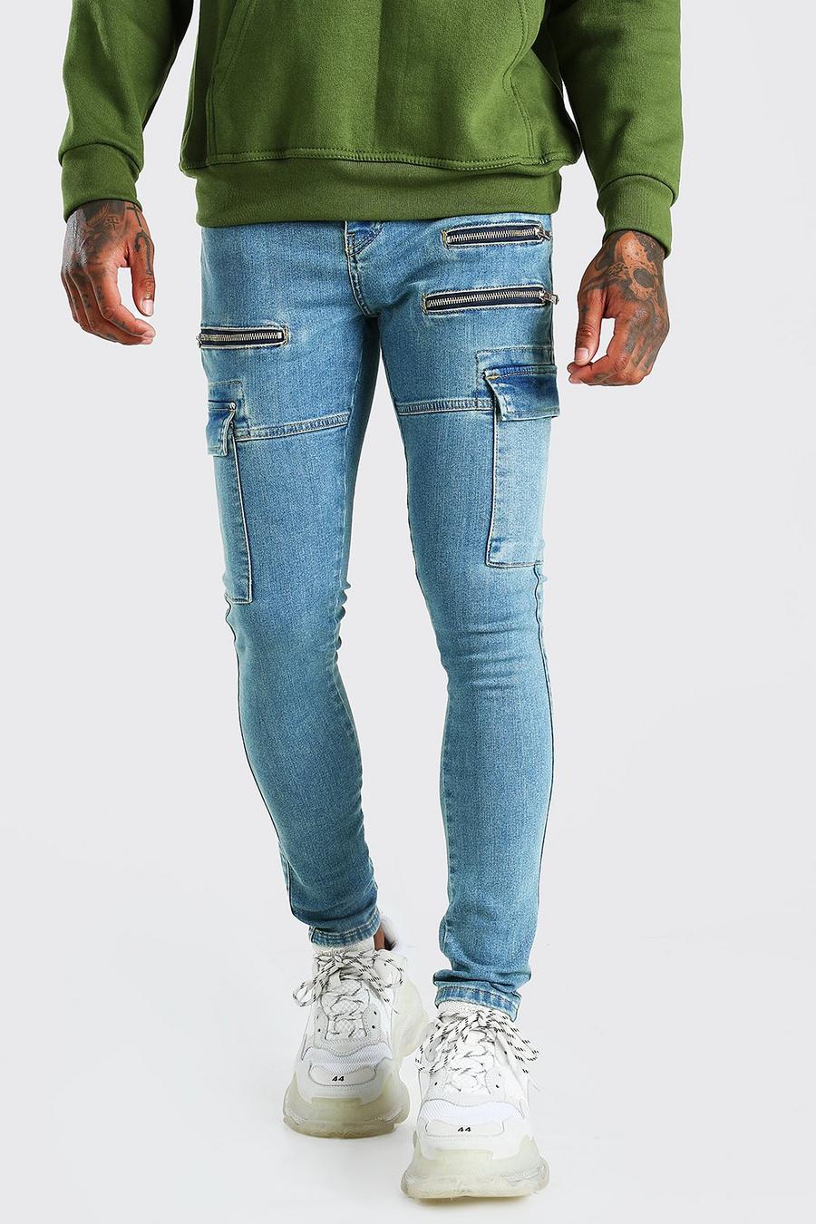 Vintage blue Super skinny jeans i cargostil med stretch och dragkedjor image number 1