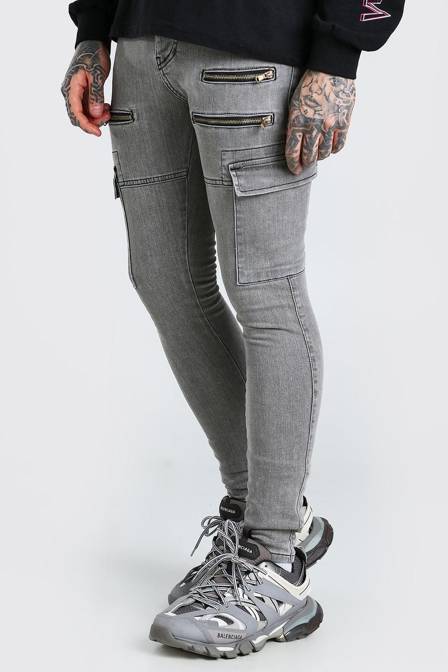 Jeans biker super skinny elasticizzati con cerniere, Grigio image number 1