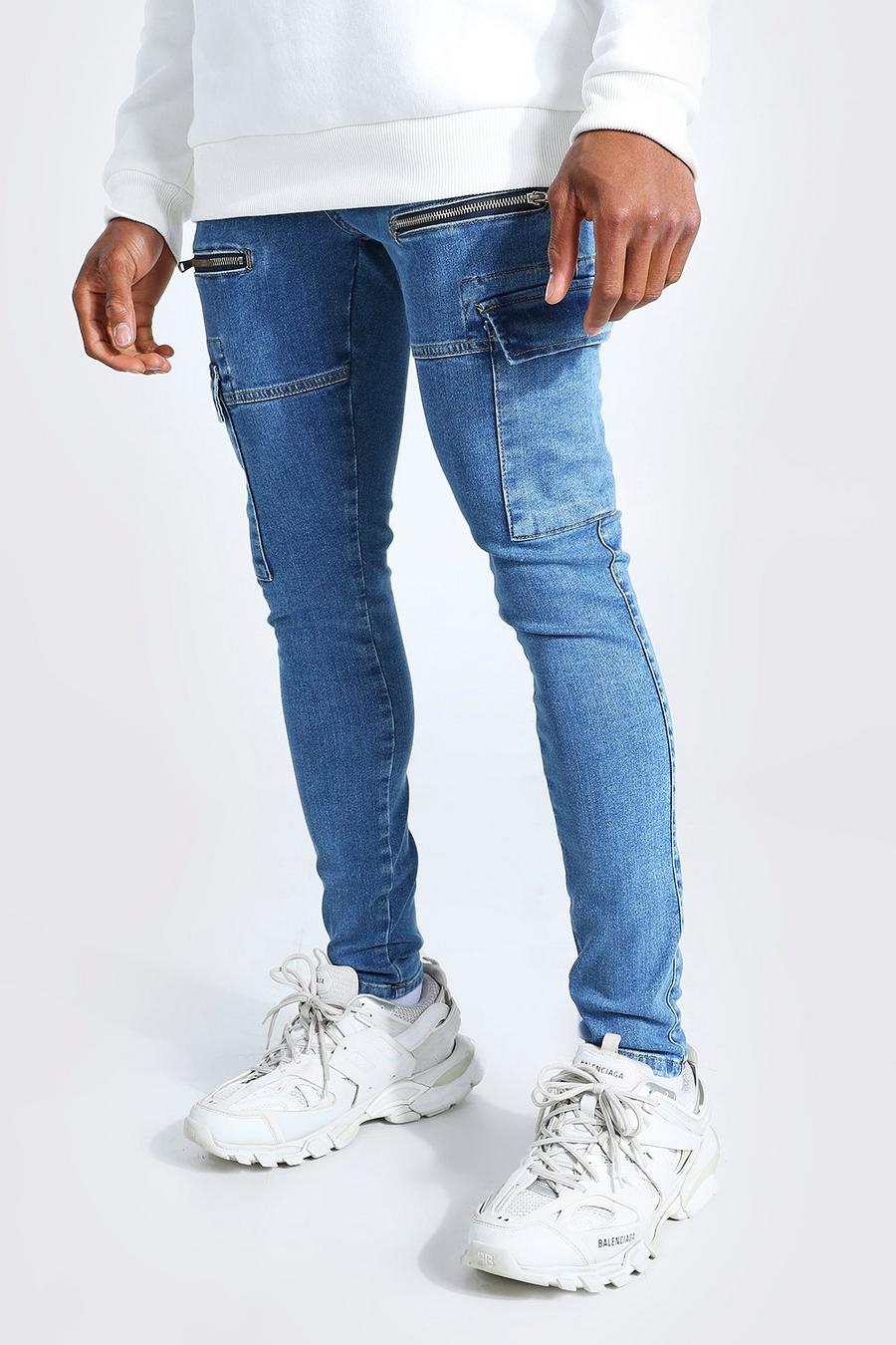Mid blue Super skinny jeans i cargostil med stretch och dragkedjor image number 1