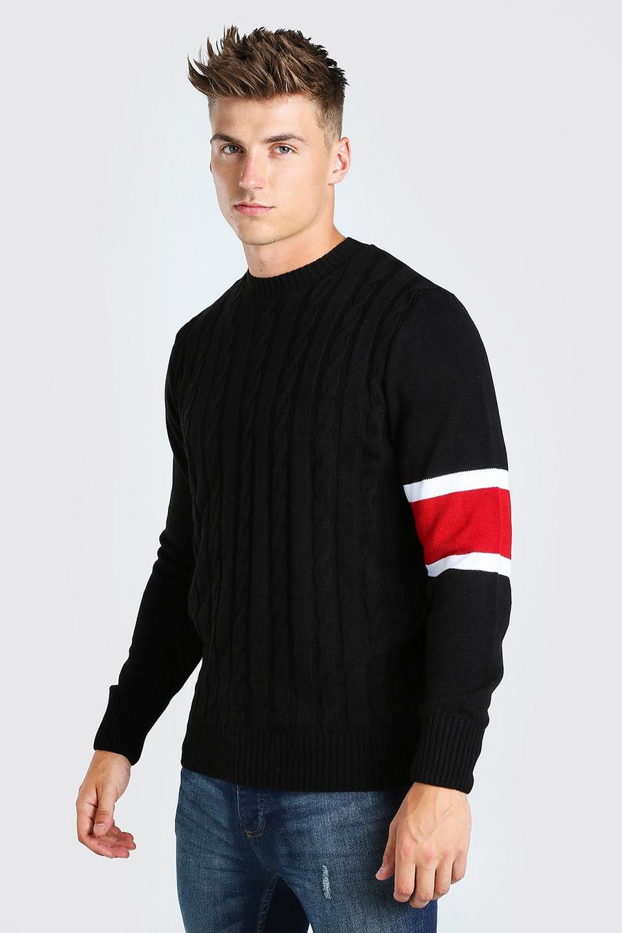 שחור סוודר בסריגת צמות עם עיטורי פסים image number 1