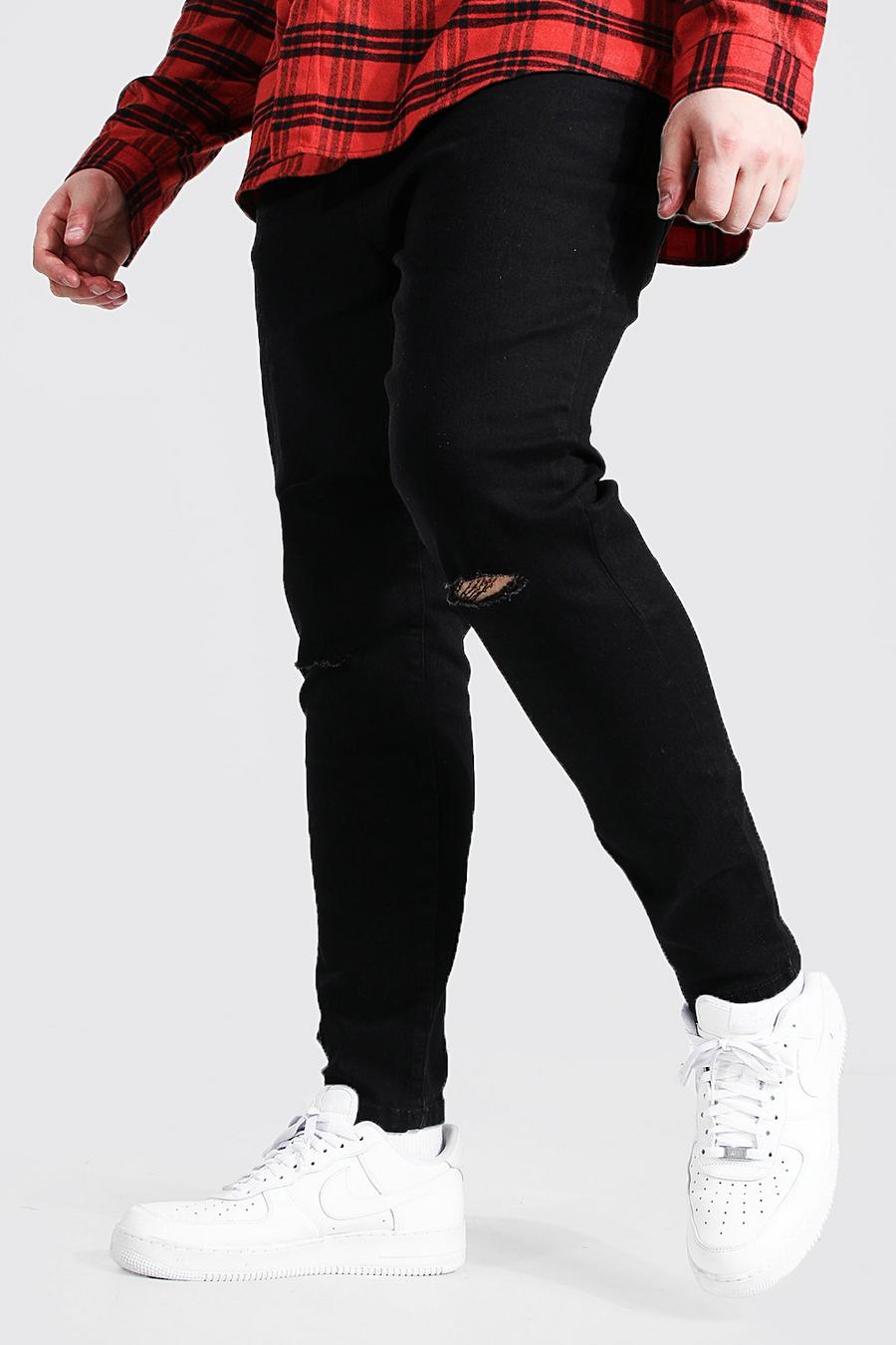 שחור negro סופר סקיני ג'ינס עם חריצים בברכיים לגברים גדולים וגבוהים