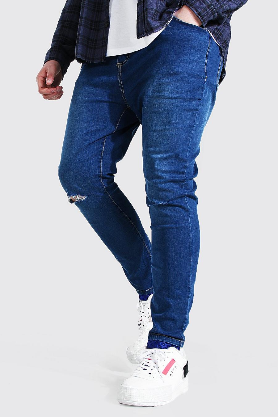 כחול ביניים סופר סקיני ג'ינס עם חריצים בברכיים לגברים גדולים וגבוהים image number 1