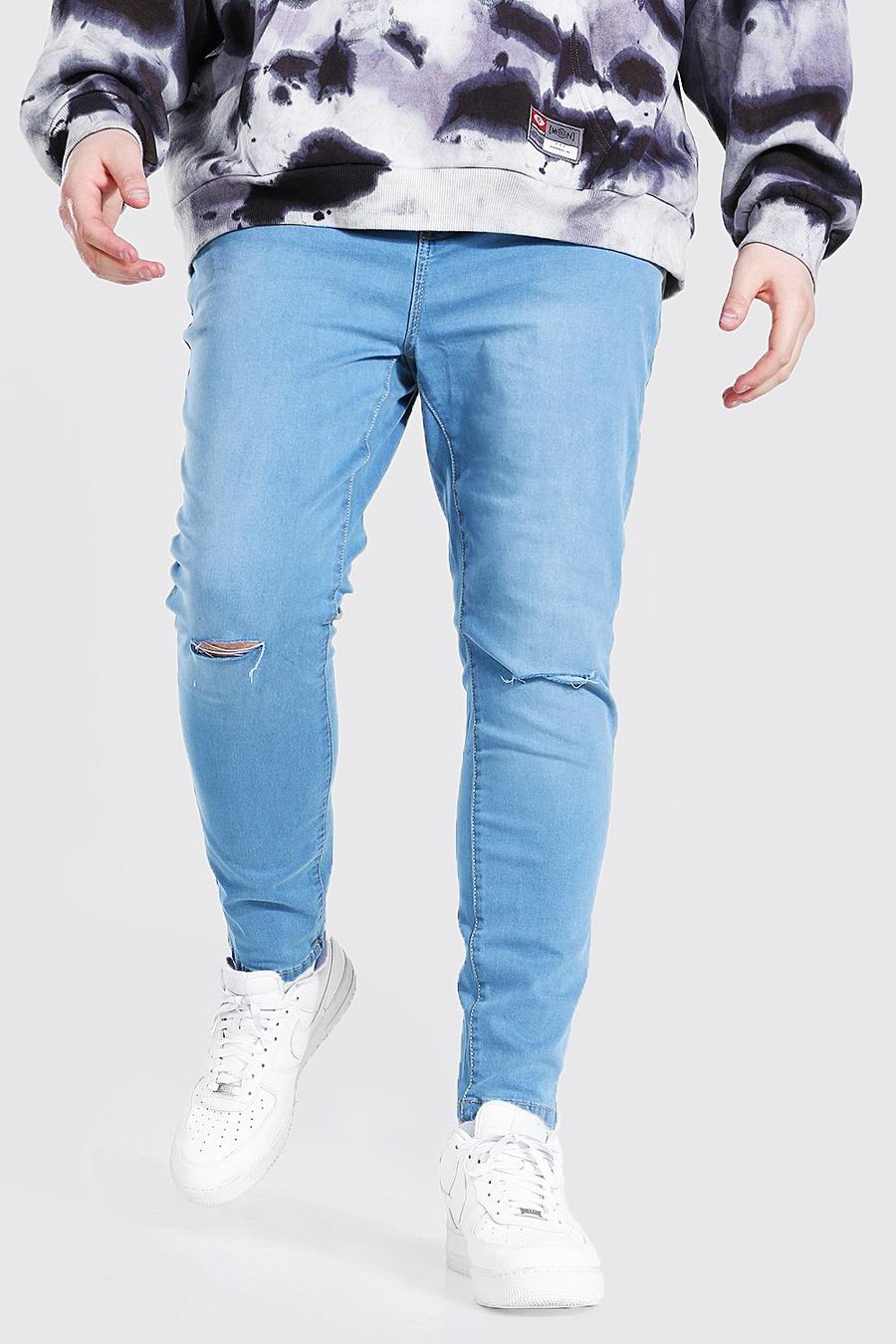 כחול בהיר סופר סקיני ג'ינס עם חריצים בברכיים לגברים גדולים וגבוהים image number 1
