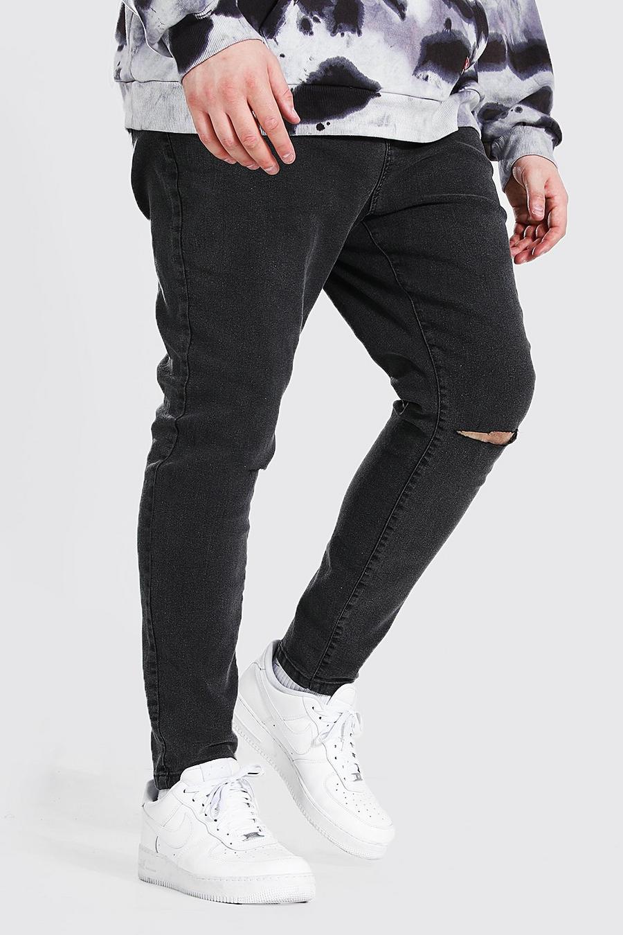 פחם סופר סקיני ג'ינס עם חריצים בברכיים לגברים גדולים וגבוהים image number 1