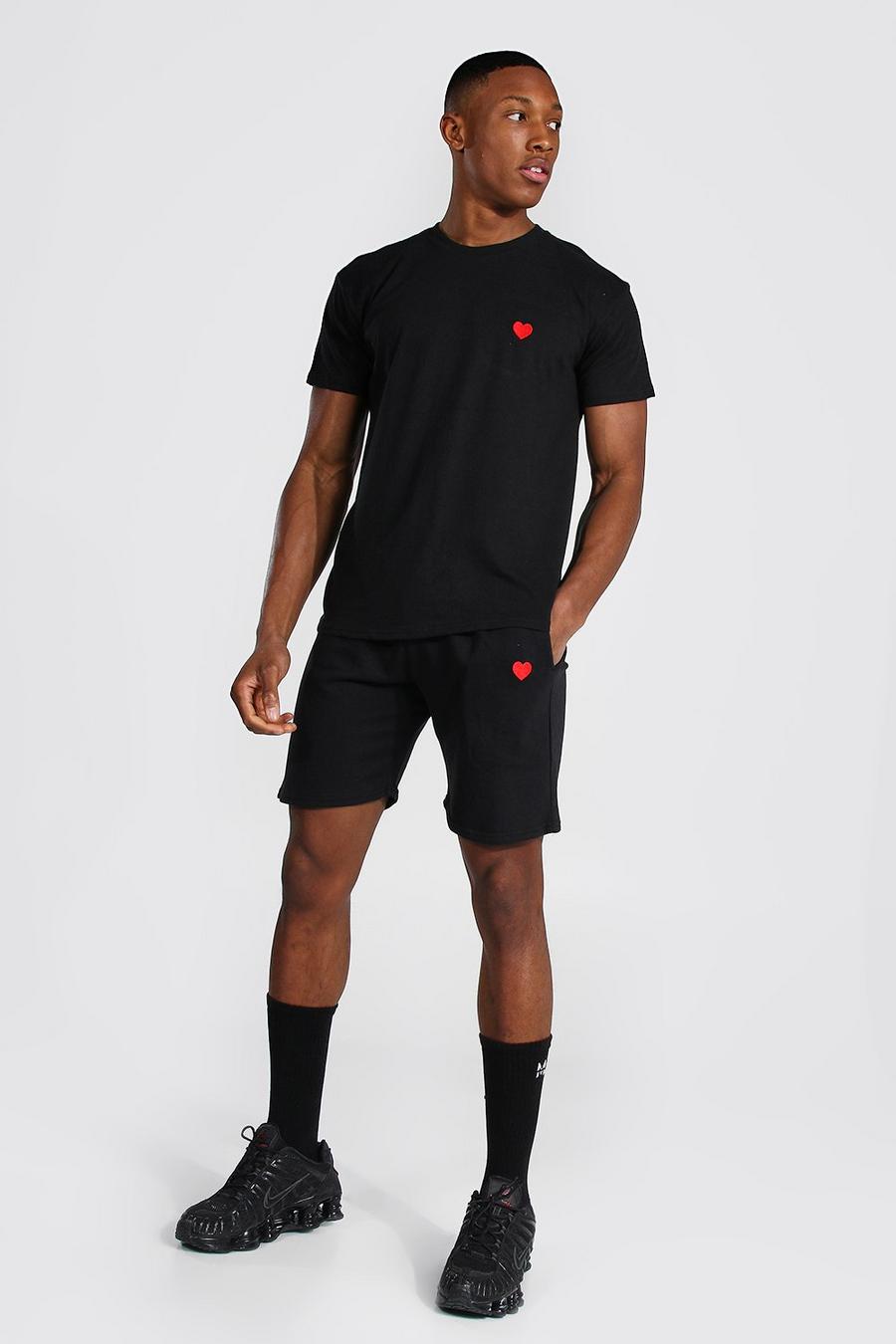 Black Geborduurd Hartjes T-Shirt En Shorts Set image number 1