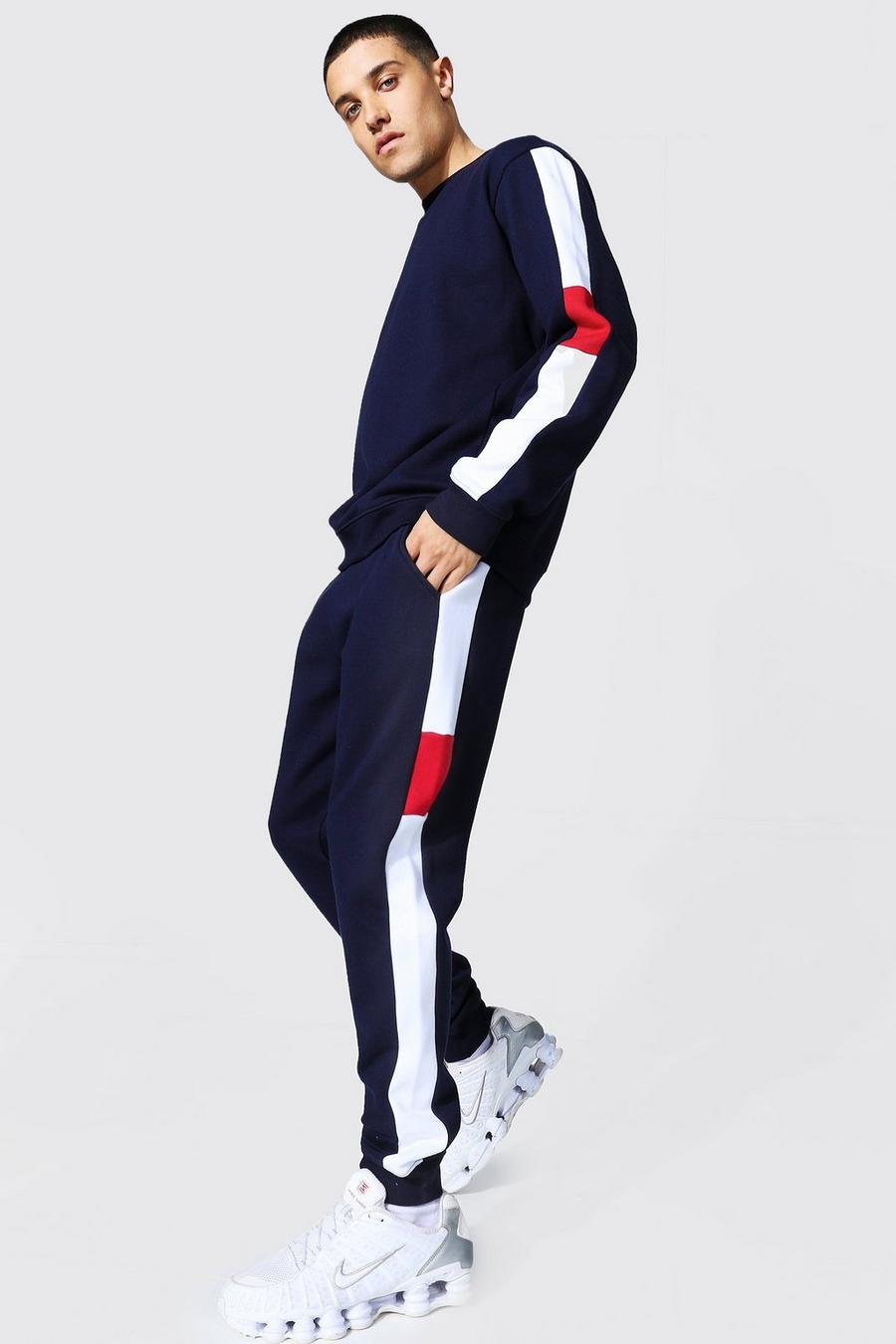 נייבי חליפת טרנינג סווטשרט עם פאנלים צדדיים בצבעים מנוגדים image number 1