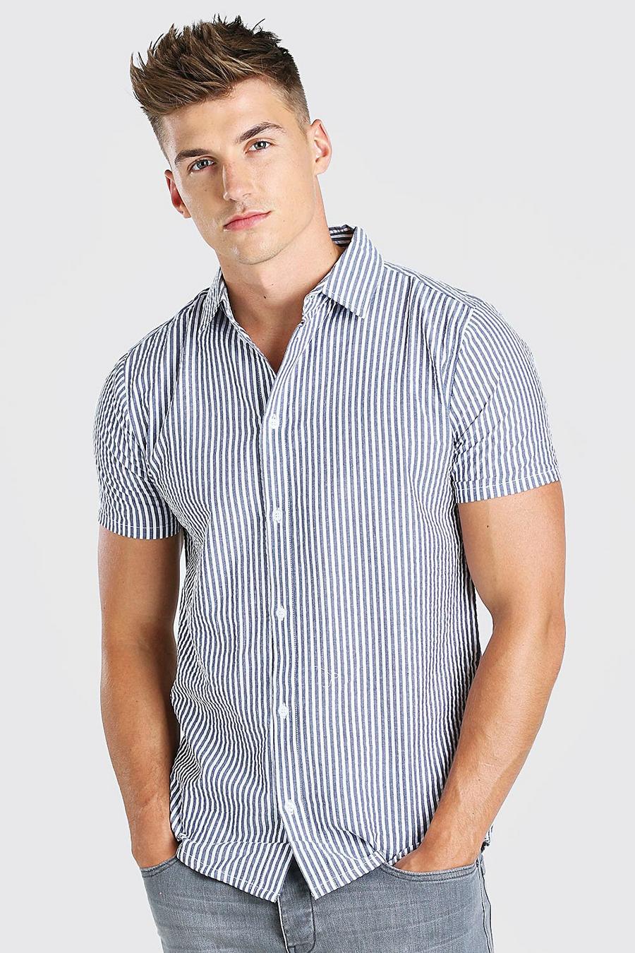 Men's Stripe Short Sleeved Seersucker Shirt | boohoo