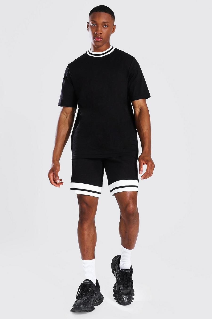 Conjunto de pantalones cortos y camiseta en canalé en contraste, Negro image number 1