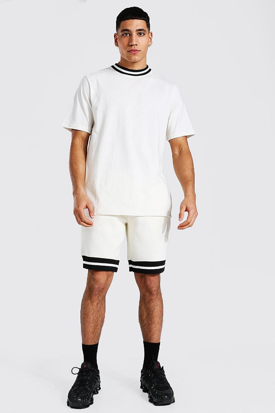 Conjunto de pantalones cortos y camiseta en canalé en contraste, Crudo image number 1