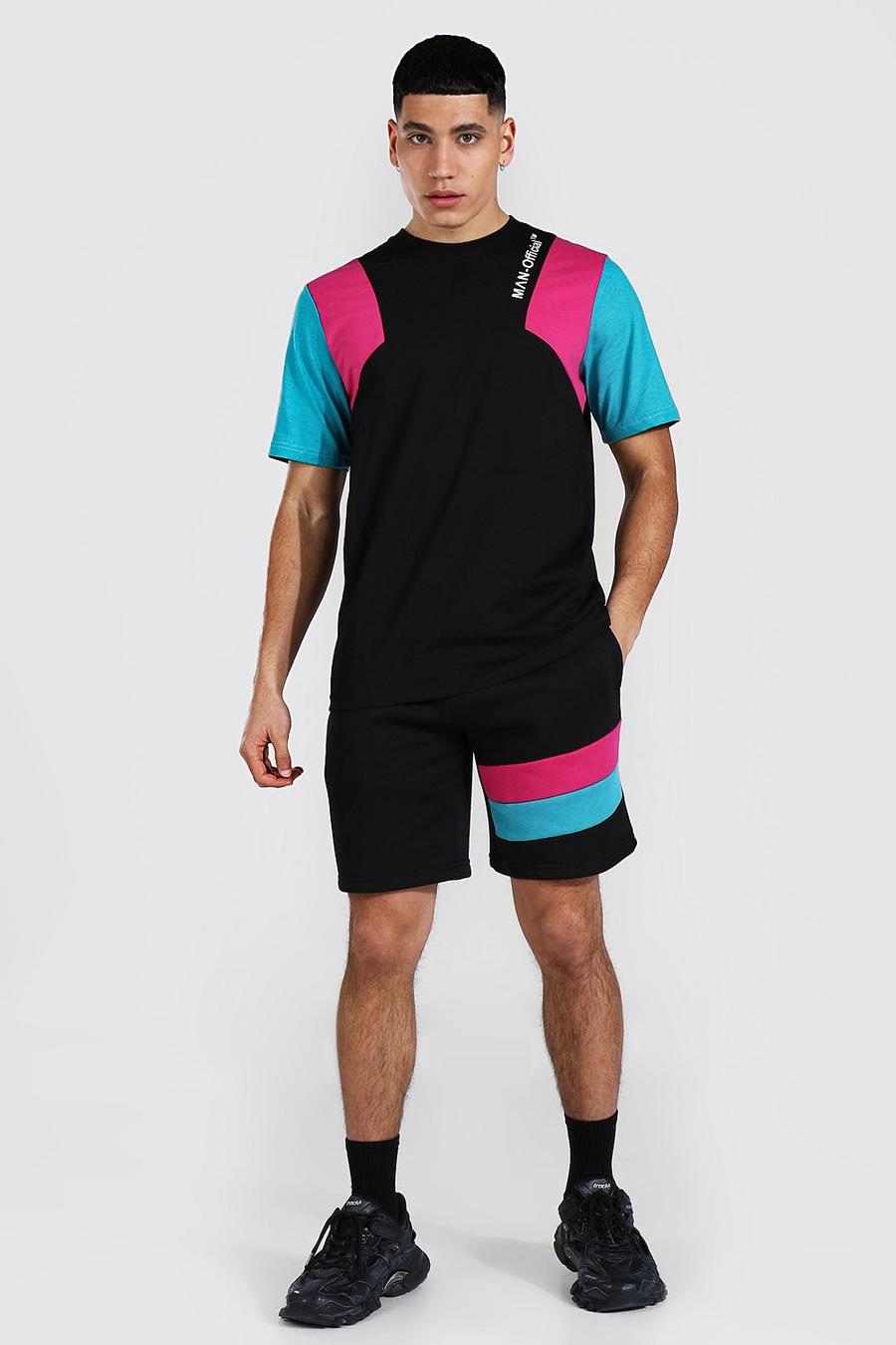 Man Official Set mit Colorblock-T-Shirt und Shorts, Schwarz image number 1