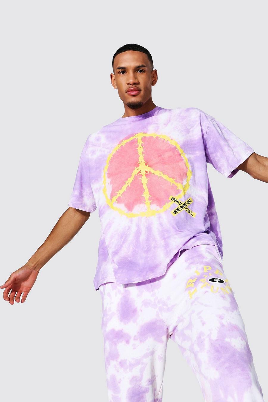 Tall Batik-T-Shirt in Übergröße mit Peace-Motiv, Violett image number 1