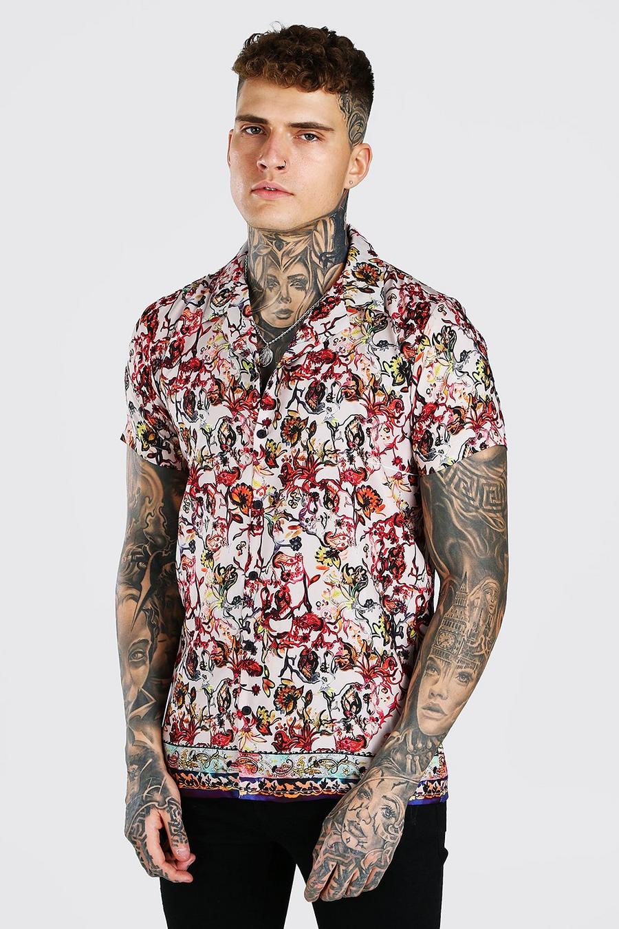 Multi Kortärmad blommig skjorta med bowlingkrage image number 1
