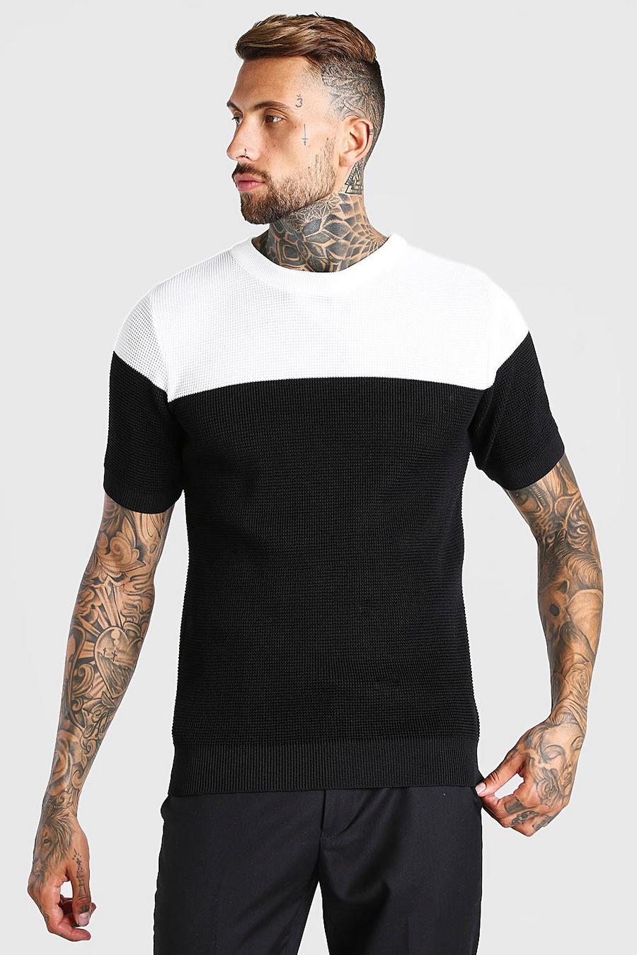 Muscle-Fit T-Shirt aus Strick in Kontrastfarben, Schwarz image number 1
