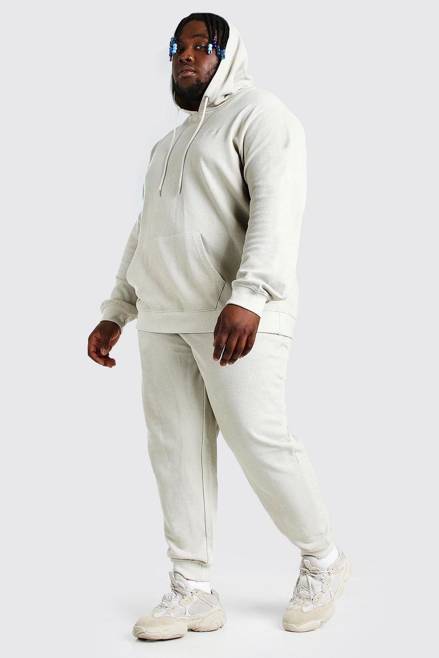 MAN Plus Size Trainingsanzug aus Piqué mit Kapuze und Aufschrift, Steingrau image number 1